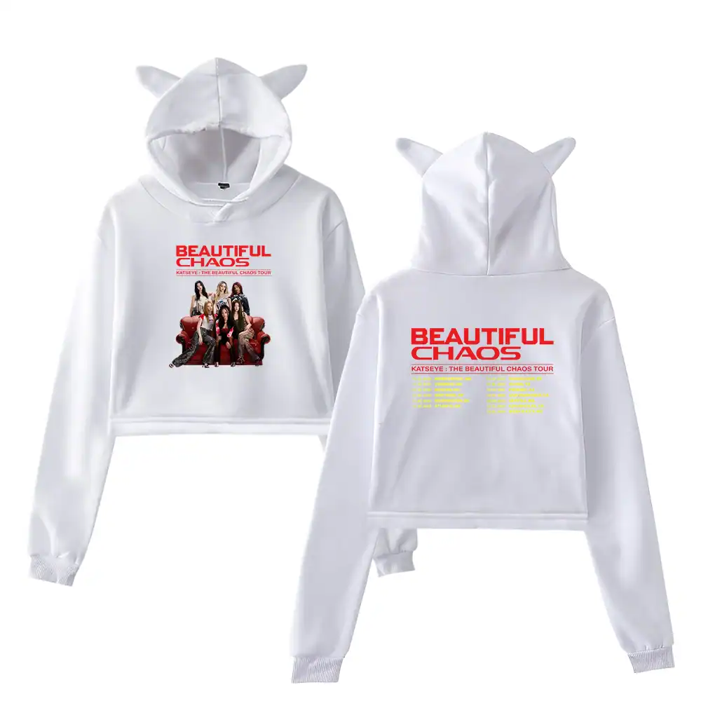 Bright white K-pop girl group hoodie with a cartoon graphic, bold red text, and adorable bear ears on the hood for stylish merchandise enthusiasts.