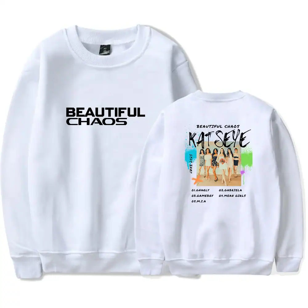 Kpop merch sweaters with "Beautiful Chaos" and group photo design.