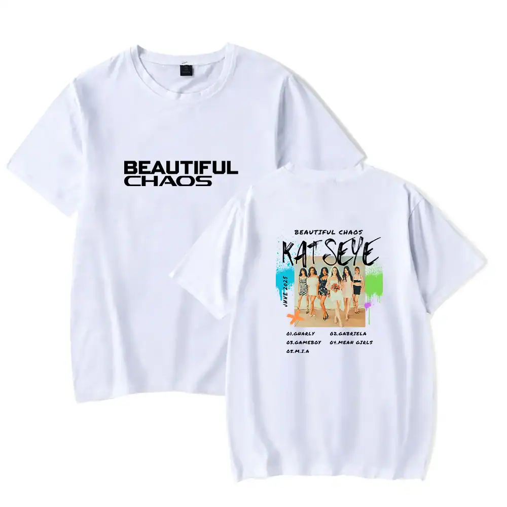Bright white K-pop concert t-shirts featuring vibrant printed designs of girl groups and band members, perfect for fans to showcase their favorite idols and styles.