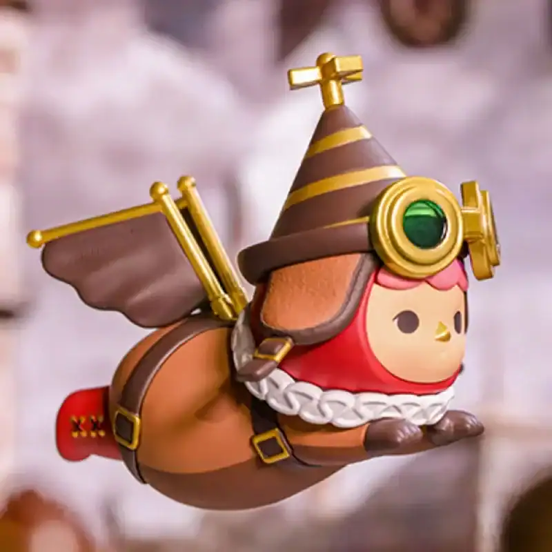 Cute chibi-style character wearing a steampunk-inspired hat and goggles, with brown wings and a cozy scarf, perfect for K-pop merchandise collections.