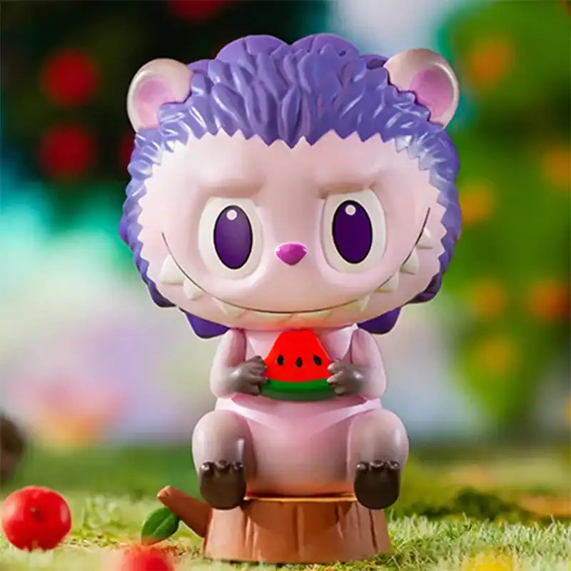 Cute purple-hued hedgehog plush toy with big eyes holding a watermelon slice, sitting on a tree stump in a colorful outdoor setting.