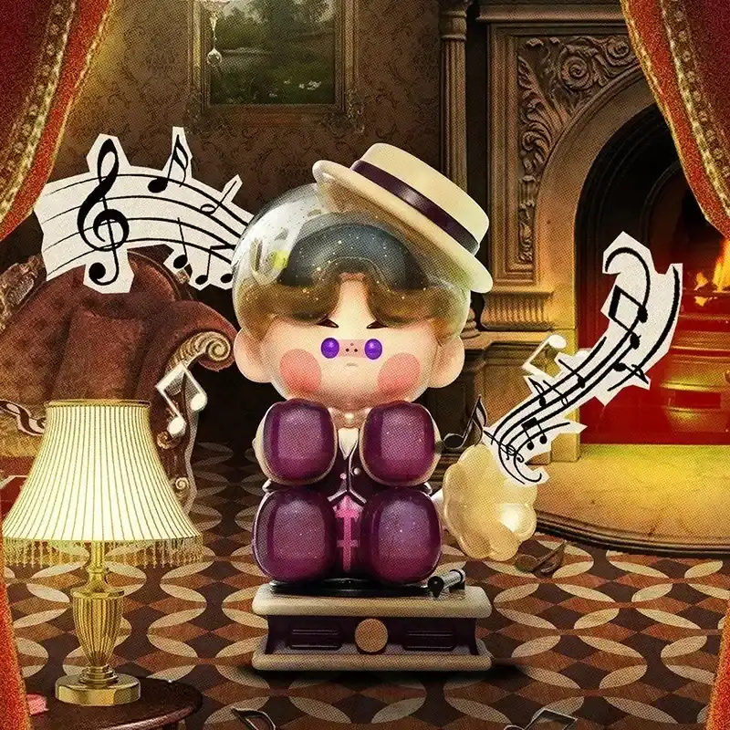 Cute kpop merch figurine with musical notes and hat, in a vintage room setting with fireplace and lamp, collectible item for fans.