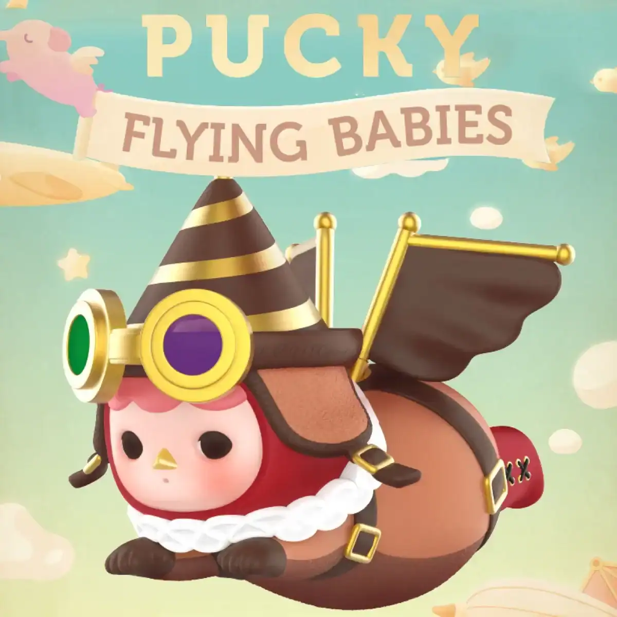 Cute Pucky Flying Babies plush toy with a whimsical airplane design and adorable character features.