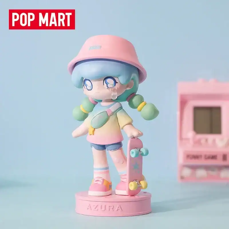 Colorful pastel skateboard girl figurine, kawaii anime-style collectible toy, cute character statue for fans, adorable pop art figurine, trendy K-pop merch collectible.