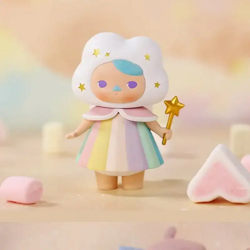 A cute K-pop-themed plush toy with a rainbow-colored dress and star wand, perfect for K-pop merch fans.