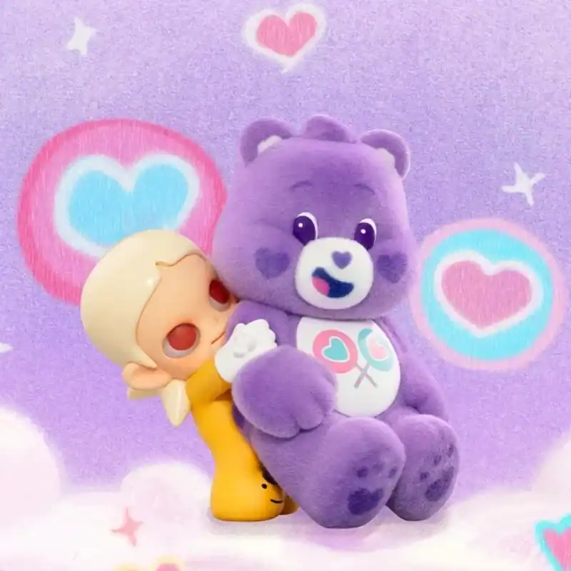 Cute purple teddy bear plush with pink hearts background.