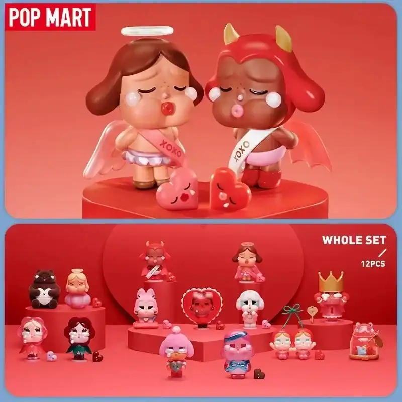 Cute K-pop merch featuring adorable character figures with vibrant red themed display.
