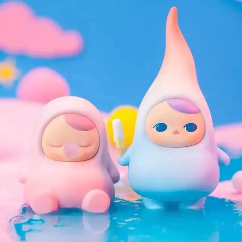 Cute kawaii kpop merch plush toys of two pastel-colored characters with big heads and small bodies, with pink and blue backgrounds and fluffy clouds.