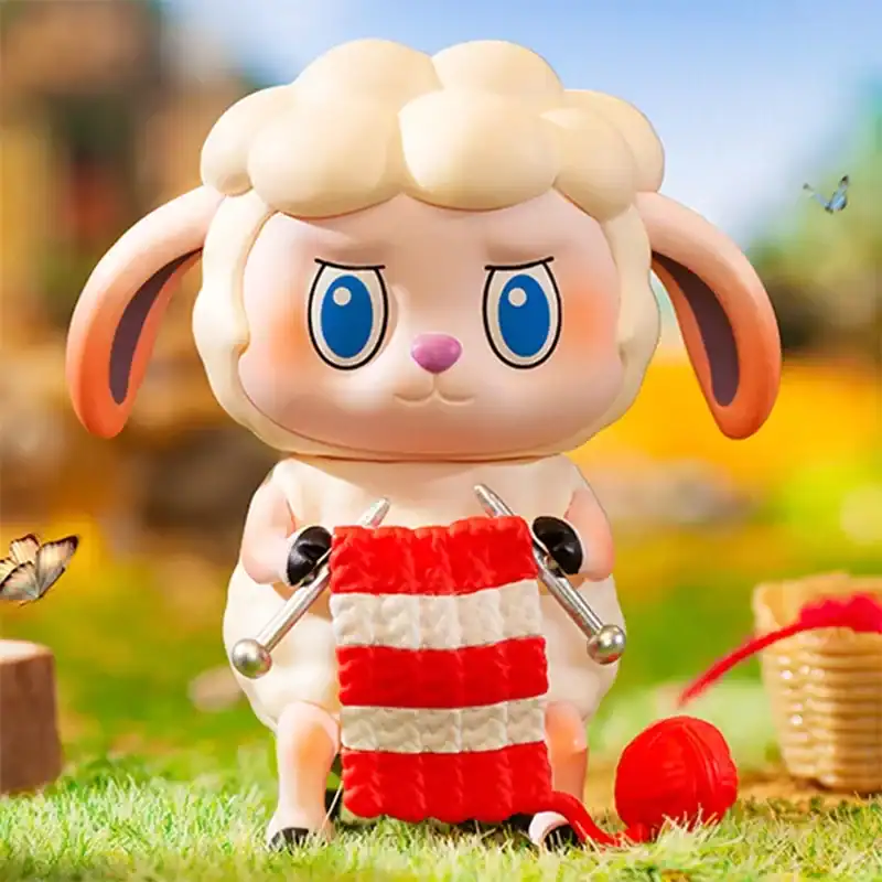 Adorable lamb plush toy with big blue eyes, knitting a red and white striped scarf, perfect for K-pop merch collectors and fans.