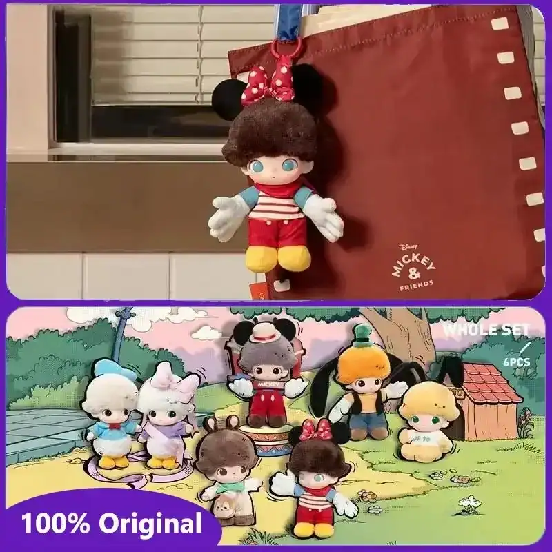 Mickey mouse plush toy and matching character figurines in colorful cartoon setting.