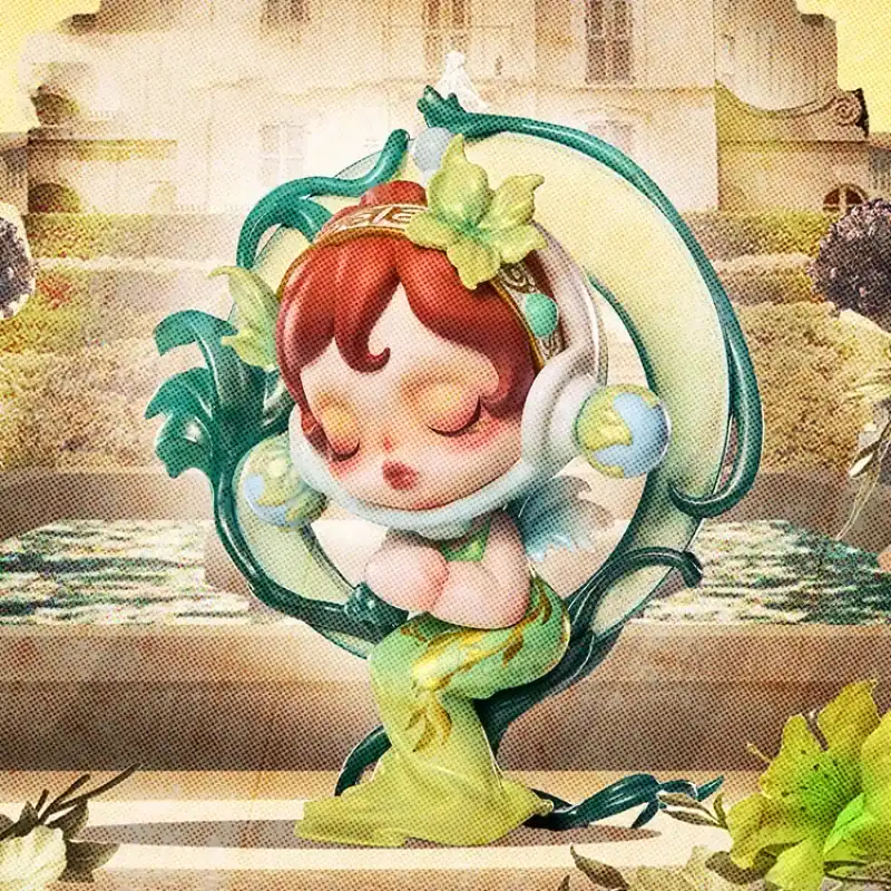 Cute anime-style girl figurine with headphones and green leaves, colorful design, outdoor background, whimsical and charming decor, perfect for K-pop merch collection.