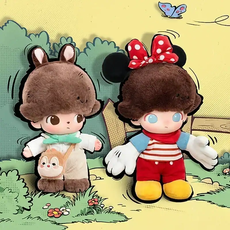 - Cute plush toys of cartoon characters with large heads and expressive eyes, set outdoors with greenery.