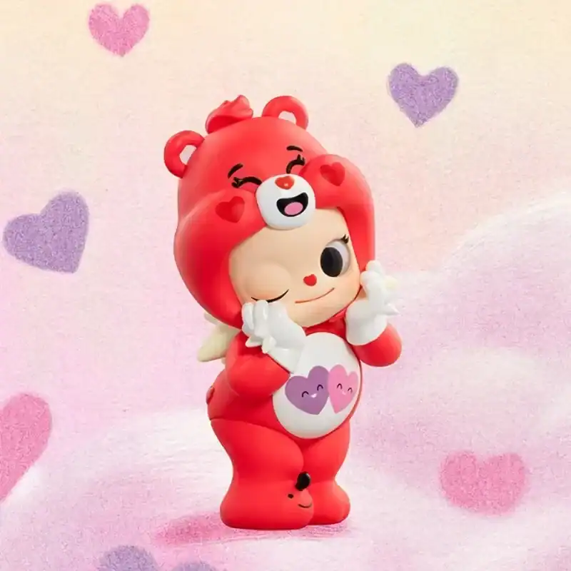 Cute character plush toy with heart details and a pink background, perfect for K-pop merchandise collections.