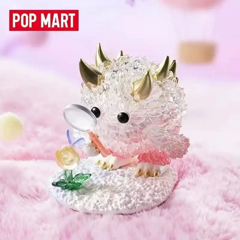 Cute crystal unicorn figurine with gold horns, black eyes, and pink accents, holding a magnifying glass and flower, perfect for Kpop merchandise fans.