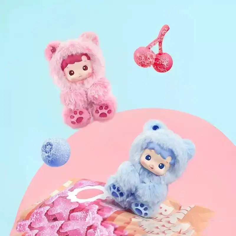 Pink fluffy kpop merch character plush toy with bear ears.