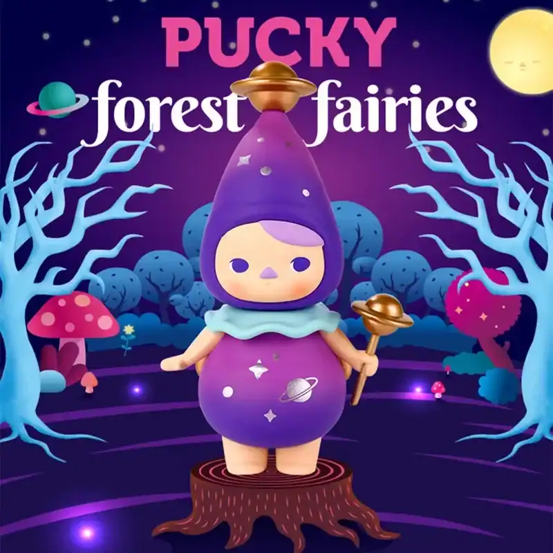PUCKY forest fairies character collectible figure, cute whimsical alien-themed toy, vibrant colorful design for K-pop merchandise fans, fantasy fairy figurine for collectors.