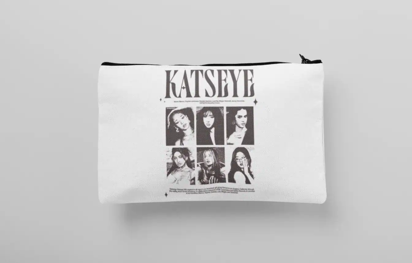 Kpop merch bag with black and white KATSEYE graphic print of female members.