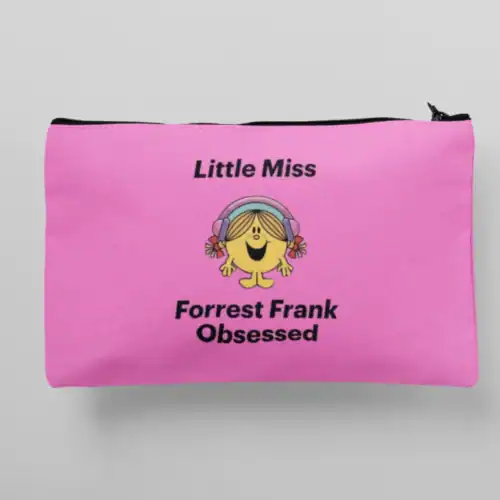 Pink makeup bag with cartoon character and text "Little Miss Forrest Frank Obsessed".