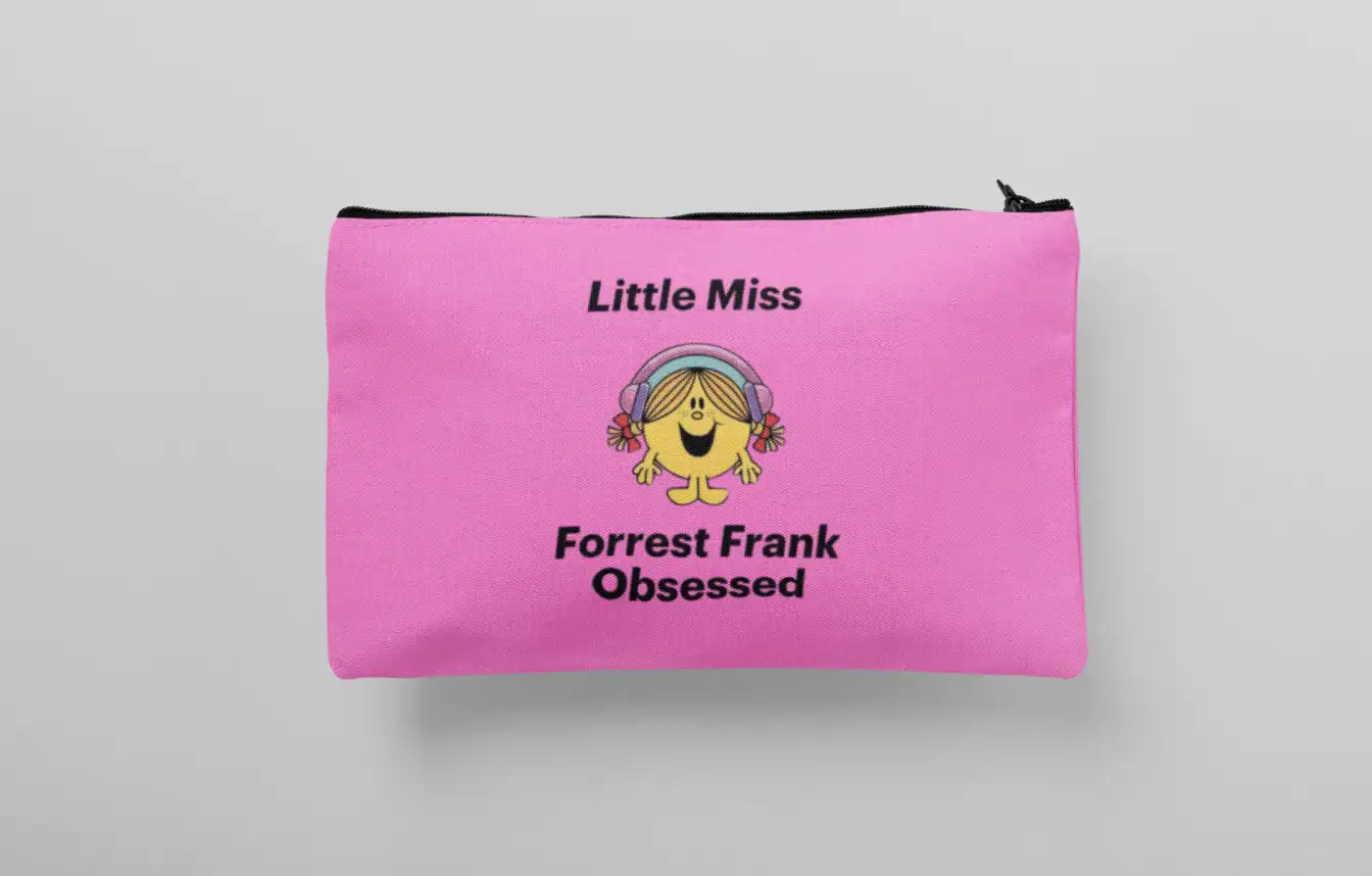 Pink makeup bag with cartoon character and text "Little Miss Forrest Frank Obsessed".