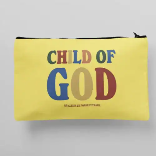 Child of god kpop merch bag with colorful text and zip closure.