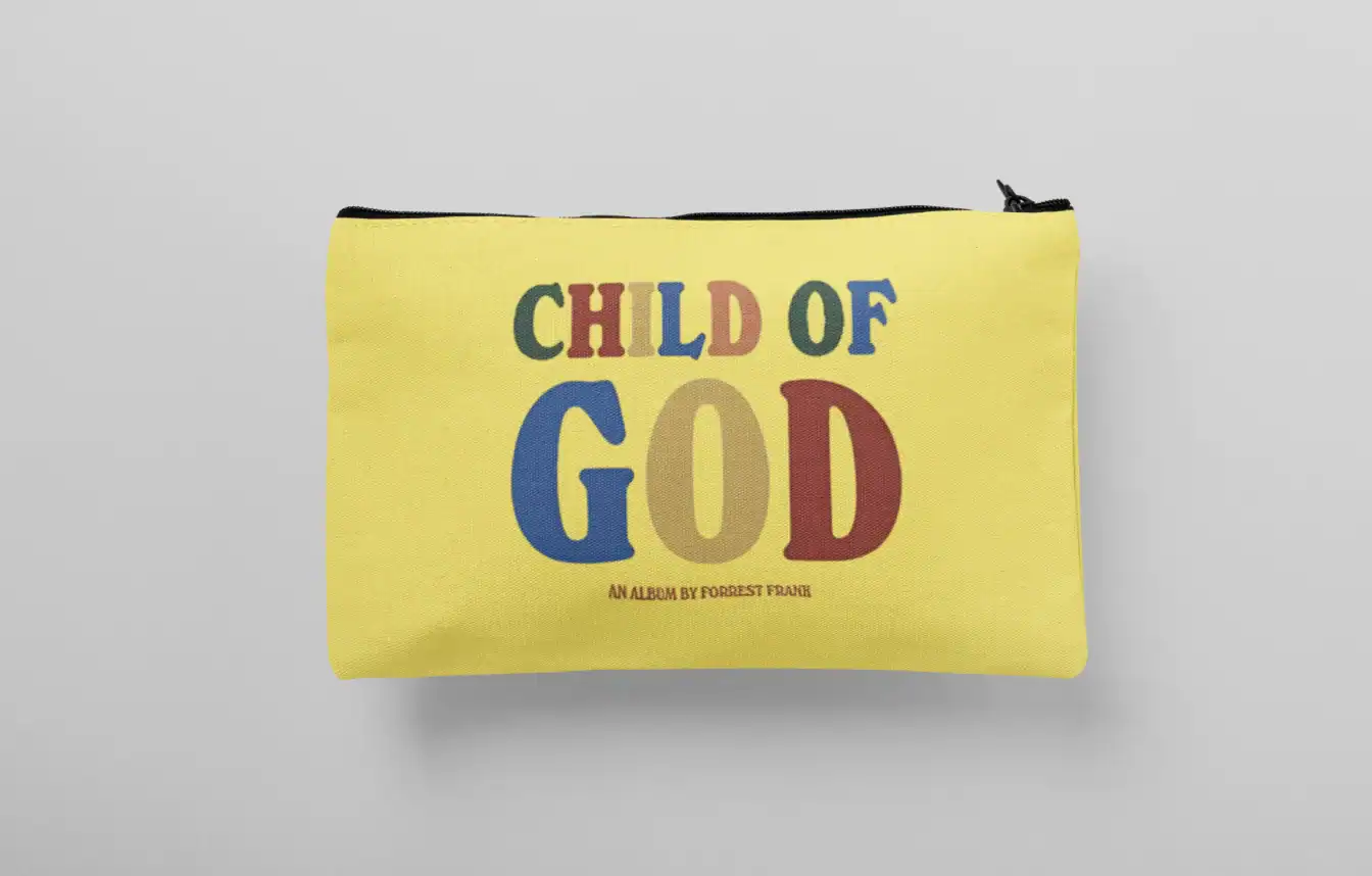 Child of god kpop merch bag with colorful text and zip closure.