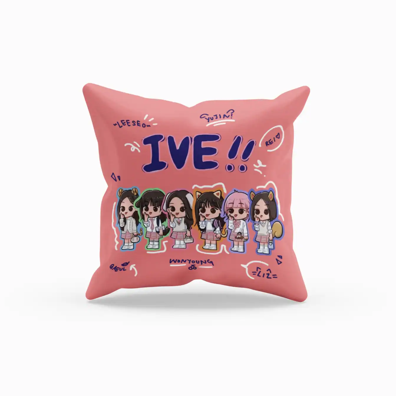 Kpop merch pillow featuring cartoon illustrations of a girl group with playful doodles and vibrant colors.