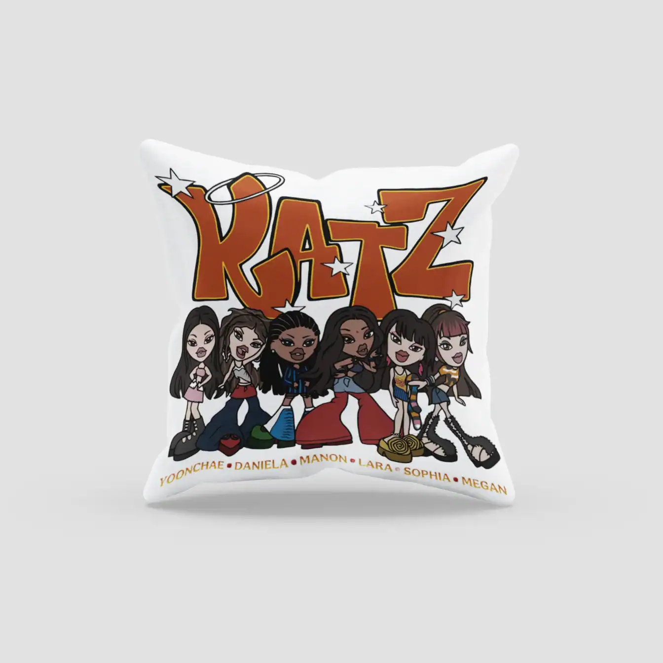 Kpop merch pillow with cartoon girl characters and the name "KATZ" in bold letters.