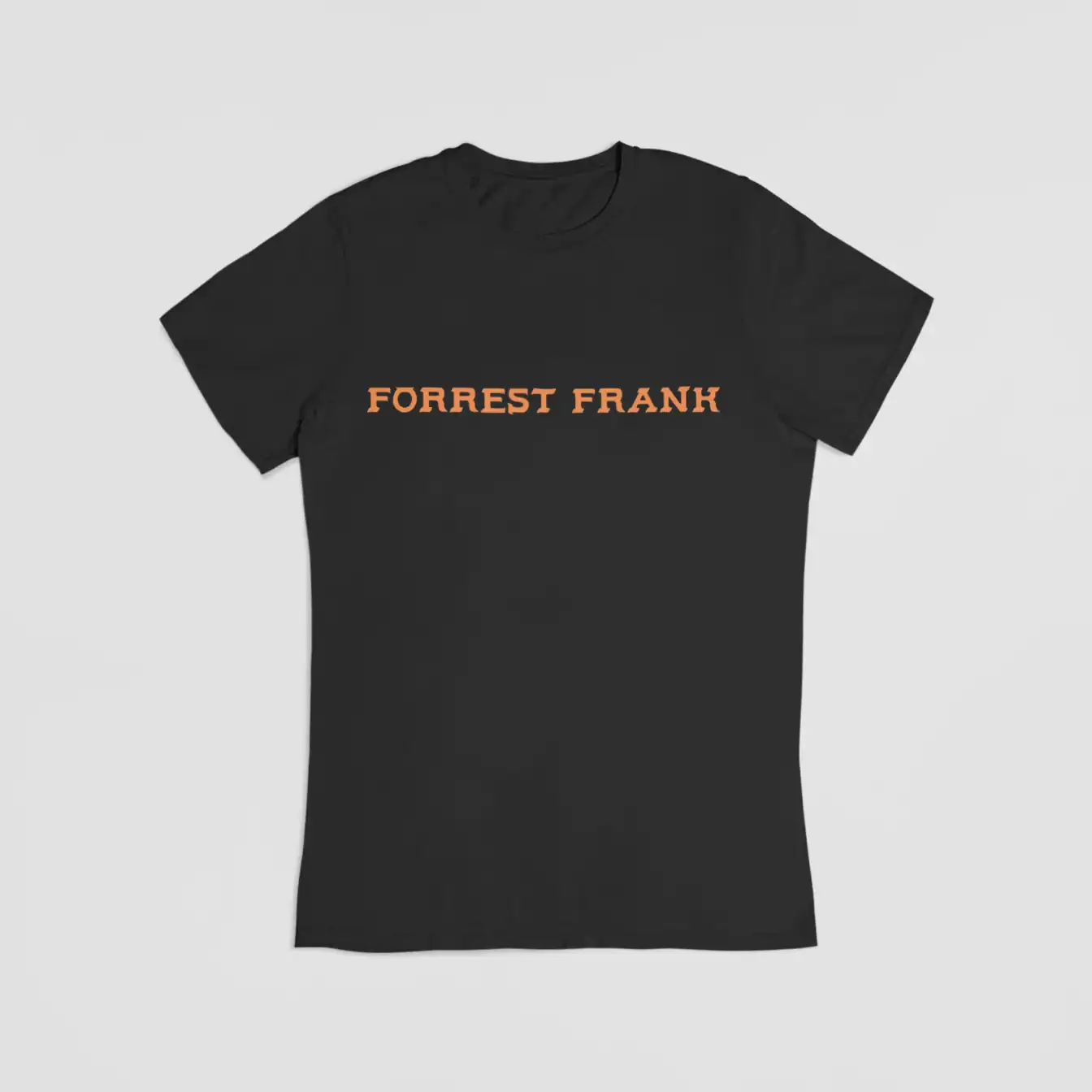 Forrest Frank black t-shirt with orange text logo, casual streetwear merchandise.