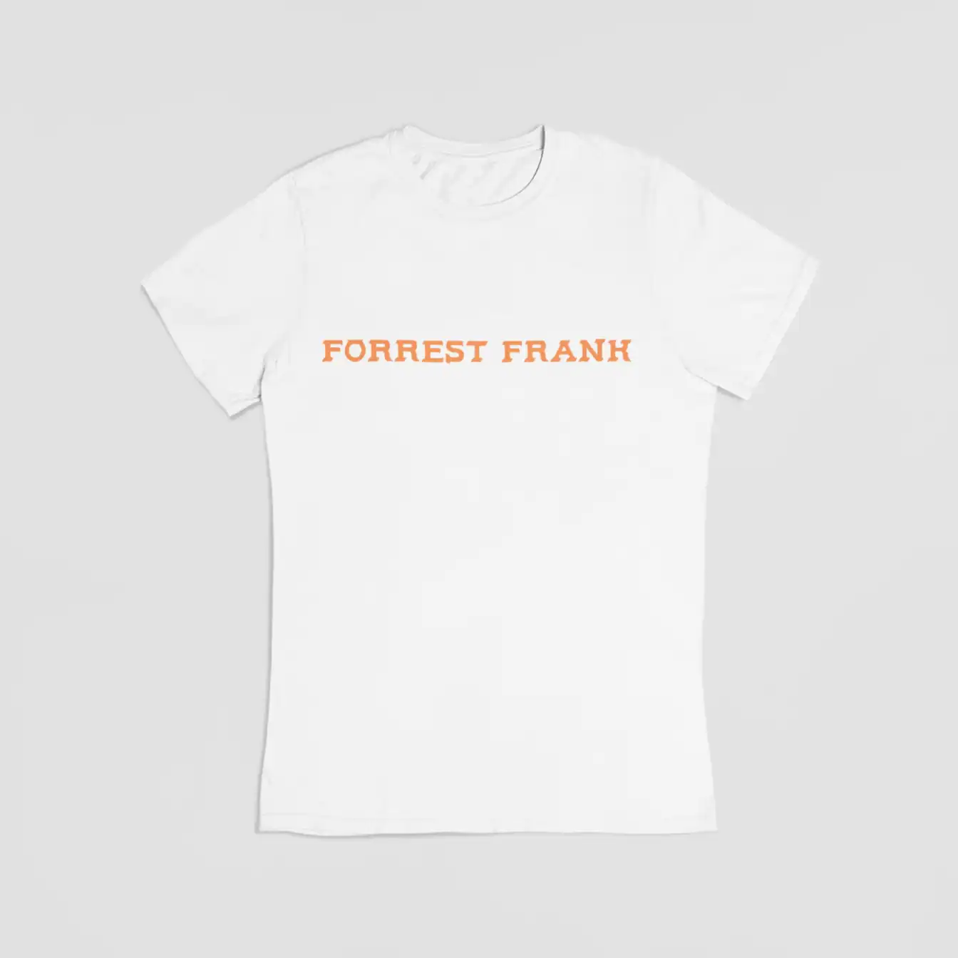 Forrest Frank white t-shirt with orange logo, casual streetwear, graphic tee, trendy K-pop merch for fans and concerts, comfortable and stylish apparel.