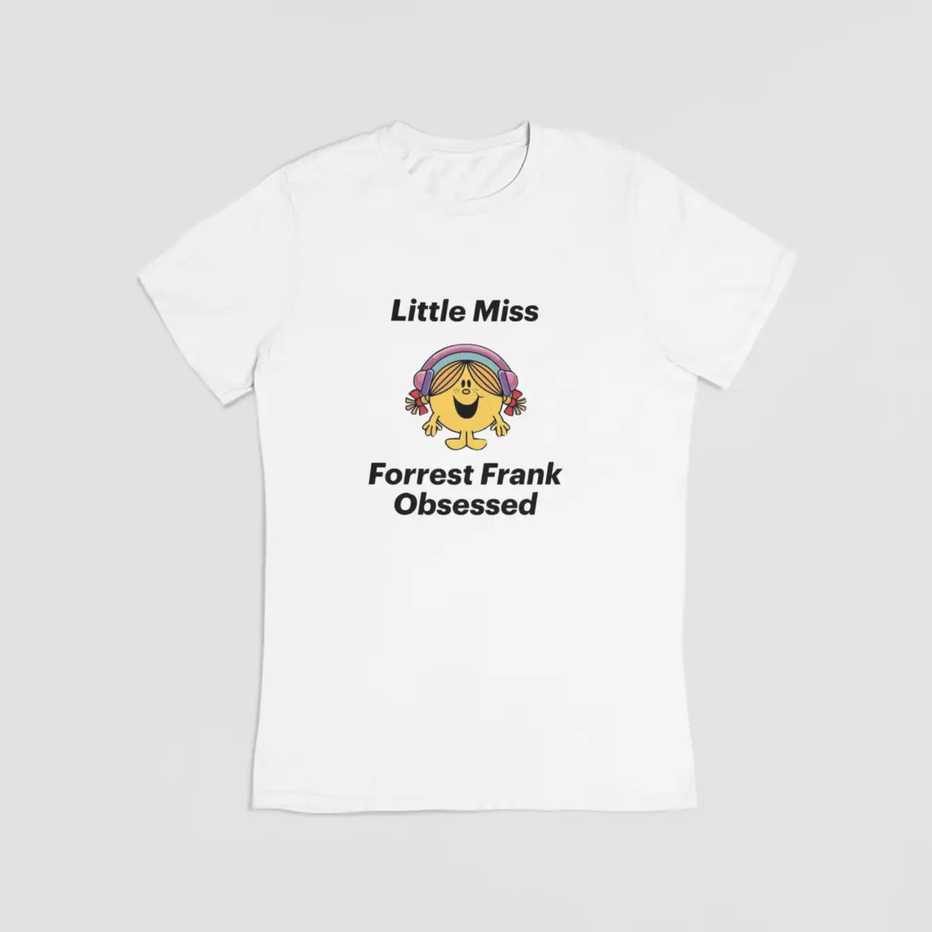 Little Miss Forrest Frank Obsessed t-shirt with cartoon character graphic.