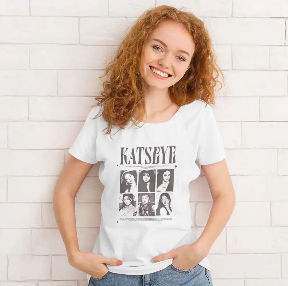 Kpop merch with KATSEYE graphic T-shirt featuring black and white photos of the girl group members.