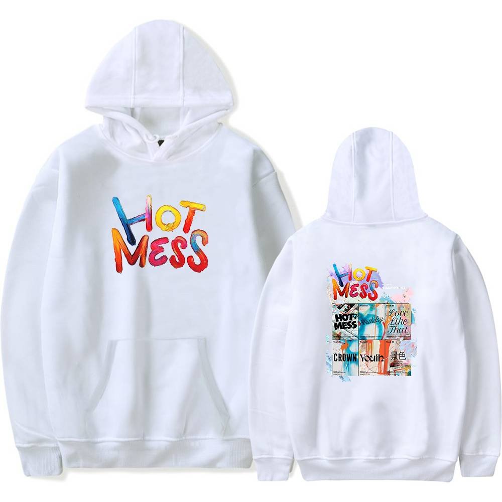 Bright white hoodie with colorful "Hot Mess" graphic on front and back, featuring vibrant typography and artistic collage elements, perfect for K-pop merchandise fans.