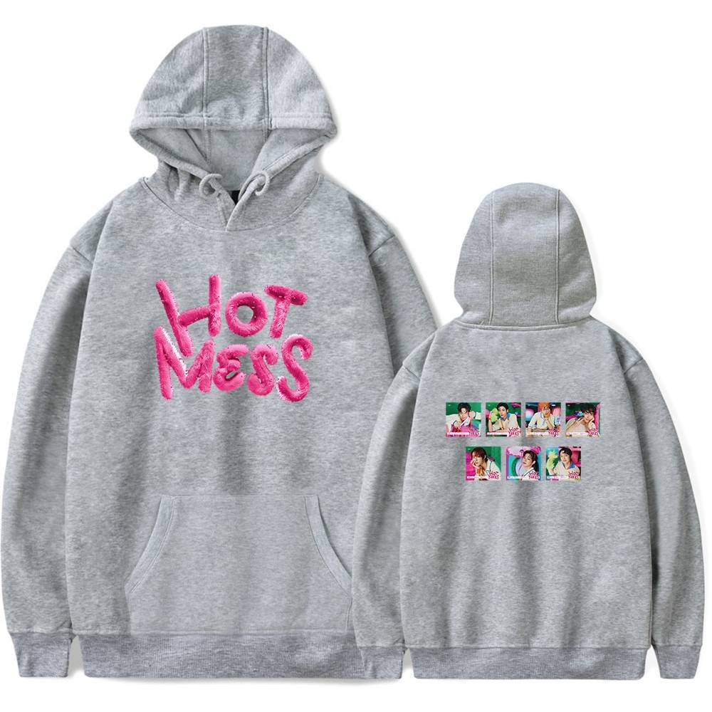 Cute grey hoodie with "Hot Mess" embroidered in pink on the front and colorful photo prints on the back, perfect for K-pop fans.