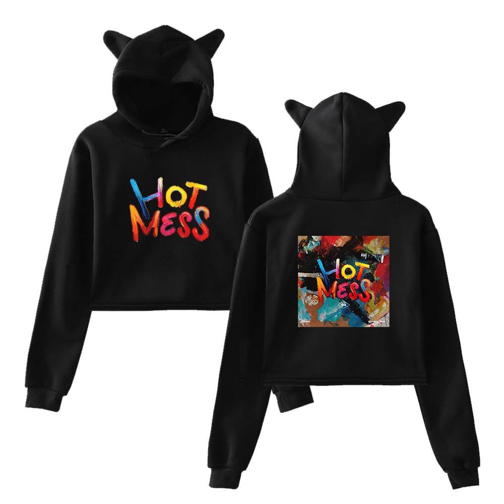 Colorful "Hot Mess" hoodies with cat ear hoods, perfect for K-pop fans.