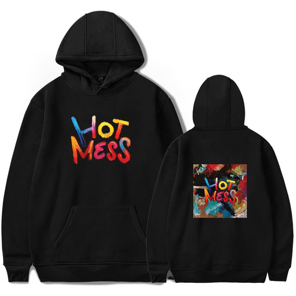 Vibrant "Hot Mess" K-pop hoodie with colorful graffiti-style text on front and back design for fans.