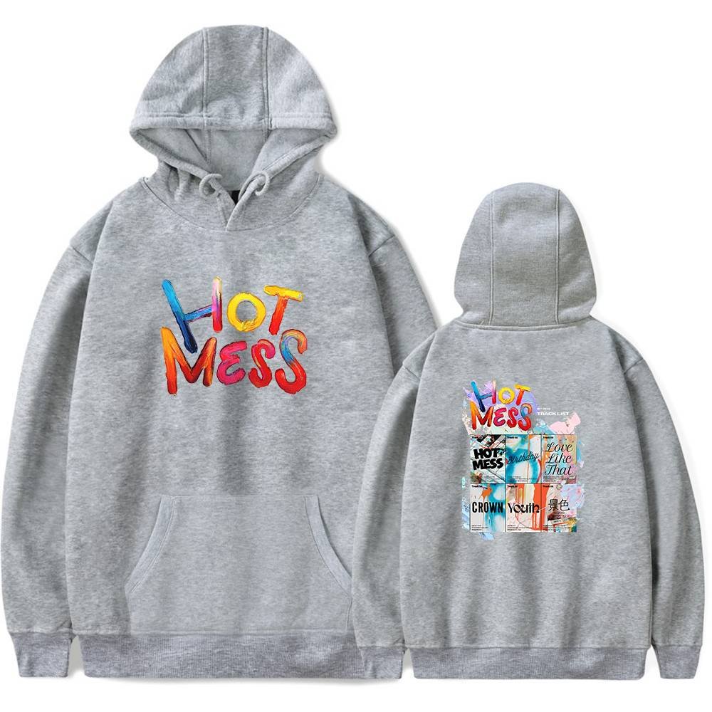 Colorful "Hot Mess" hoodie with a front graphic and collage-style back design, perfect for K-pop fans seeking stylish merch.