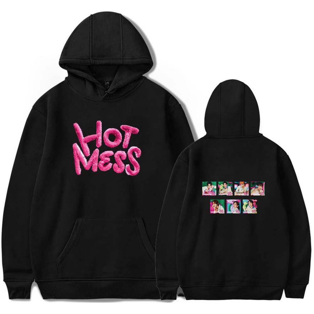 Hot Mess embroidered hoodie with K-pop group photo on the back, black sweatshirt, casual K-pop fan merchandise, trendy Kpop merch gift.