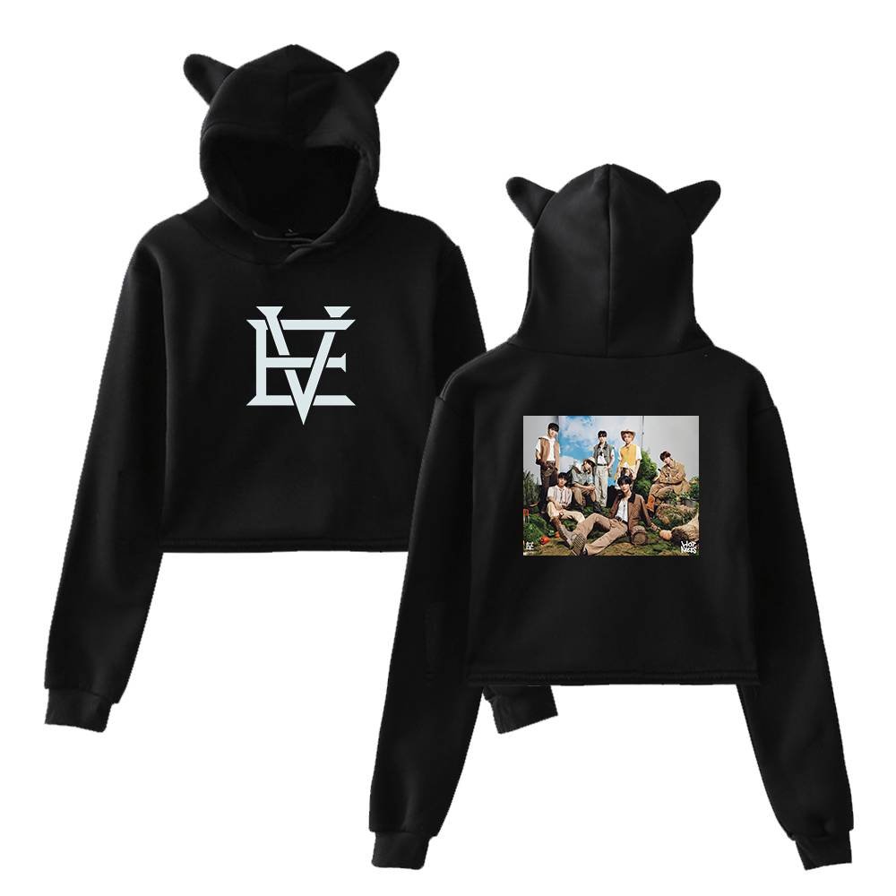 Kpop merch hoodie with cat ears and band photo design.