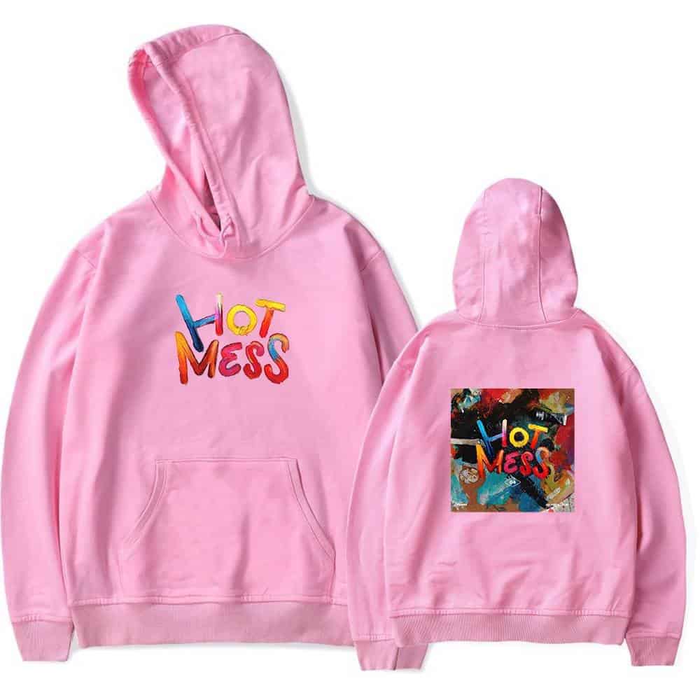 Pink hoodie with colorful "Hot Mess" embroidered front and abstract printed back, perfect for K-pop fans.