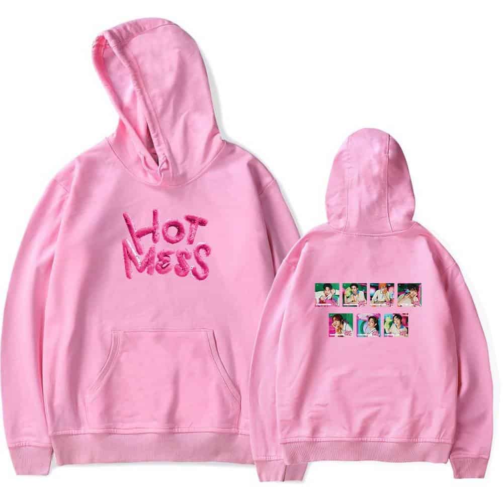 Pink hoodie with "Hot Mess" embroidered on the front and multiple photos of a K-pop idol on the back, perfect for K-pop merchandise fans.