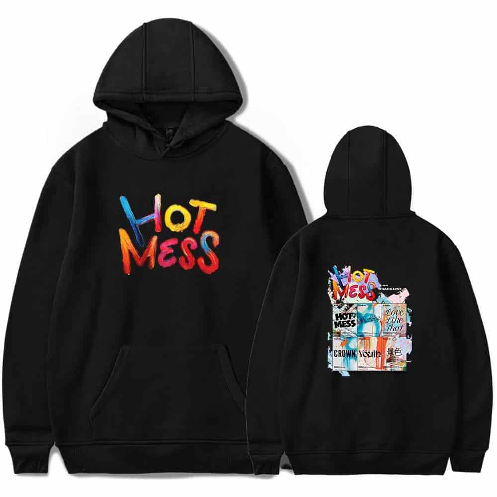Colorful "Hot Mess" hoodie with graphic back design, perfect for K-pop fans and merchandise collectors.
