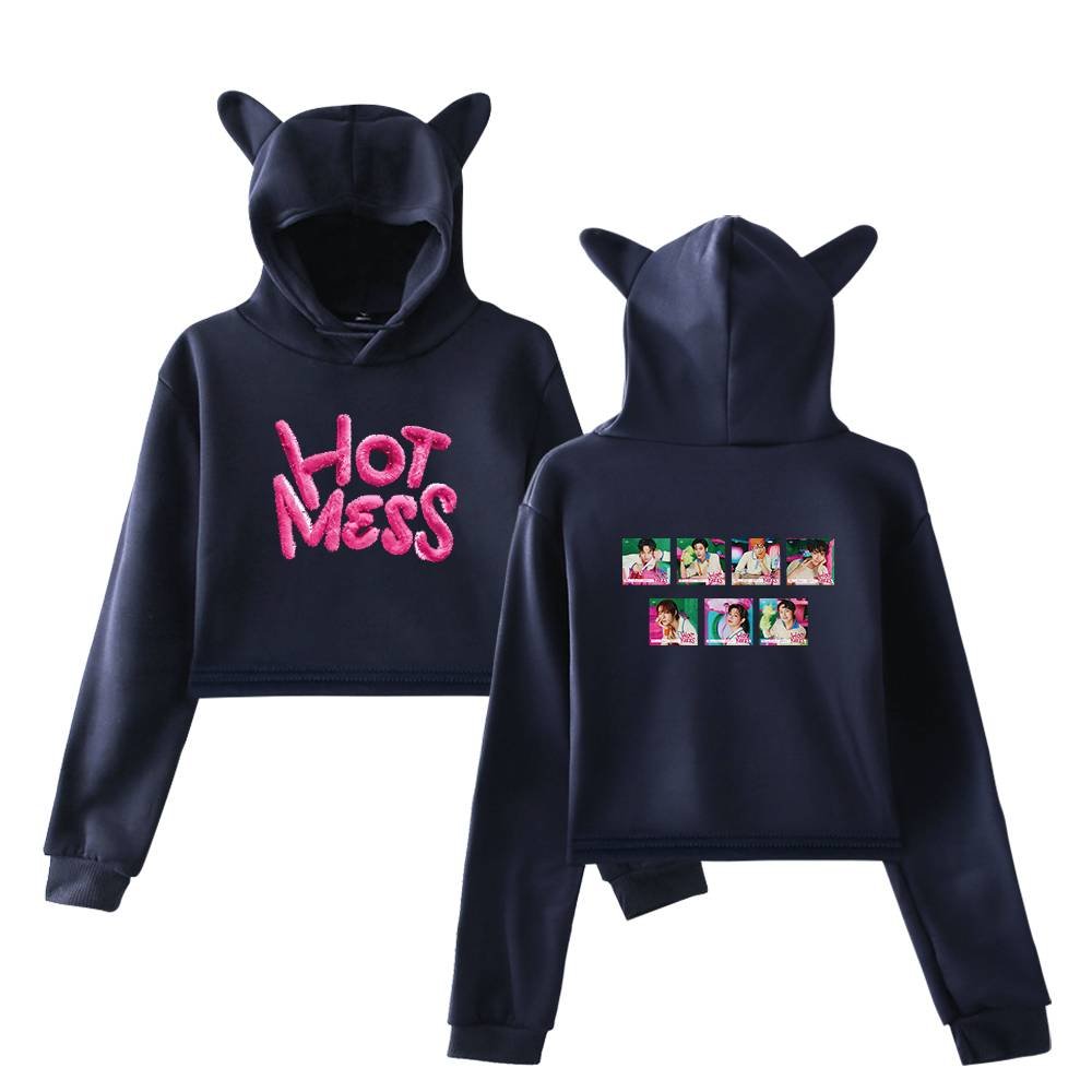 Cute black hoodies with bear ears featuring colorful graphic designs, perfect for K-pop fans and merchandise collectors.