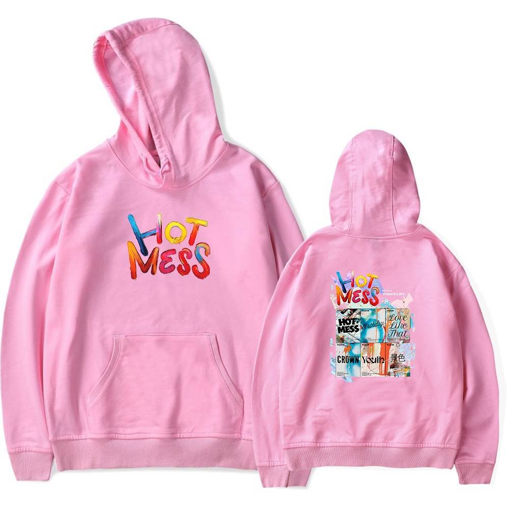 Bright pink hoodie with colorful embroidery and graphic back design, perfect for K-pop merch fans and idols.
