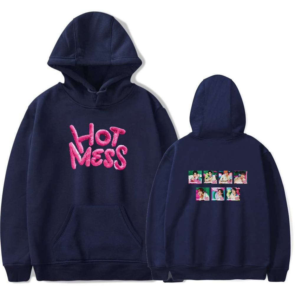 Hot mess Kpop hoodie with colorful photo prints on the back and embroidered text on the front.