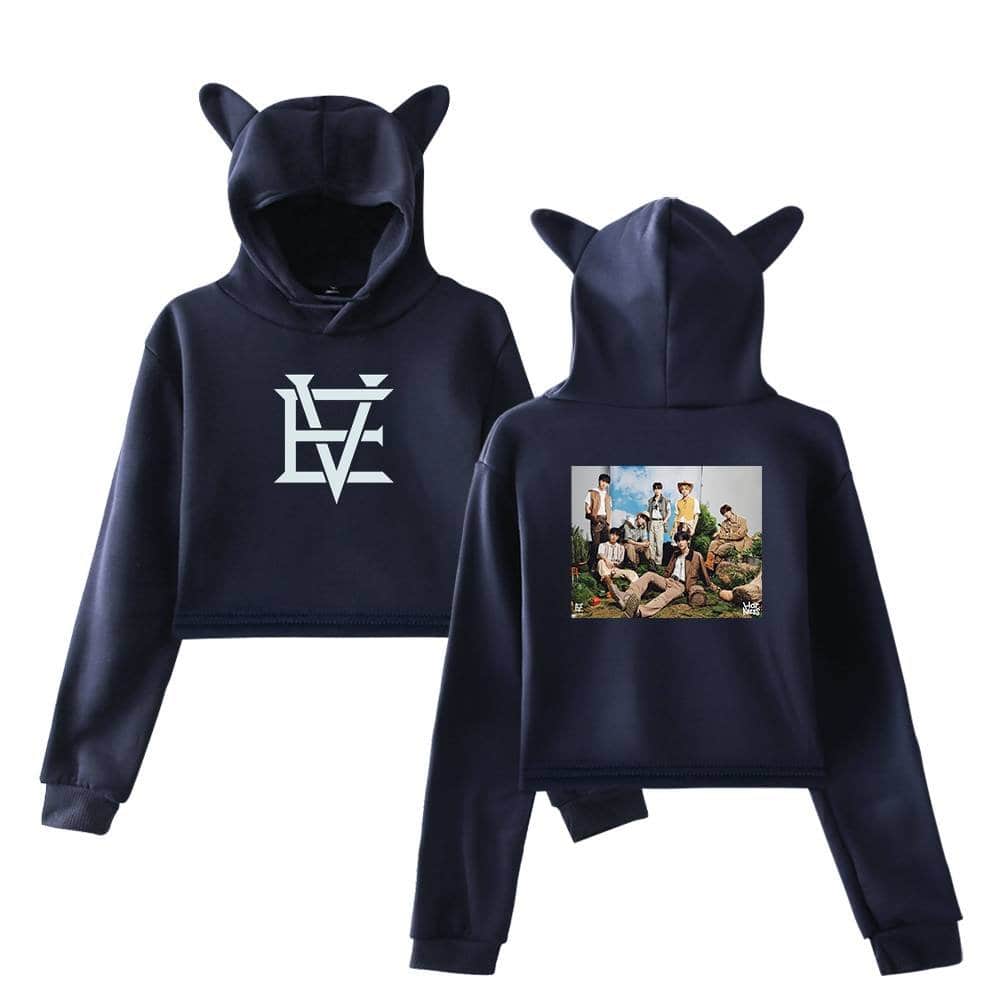 Kpop merch hoodie with animal ears and group photo print.