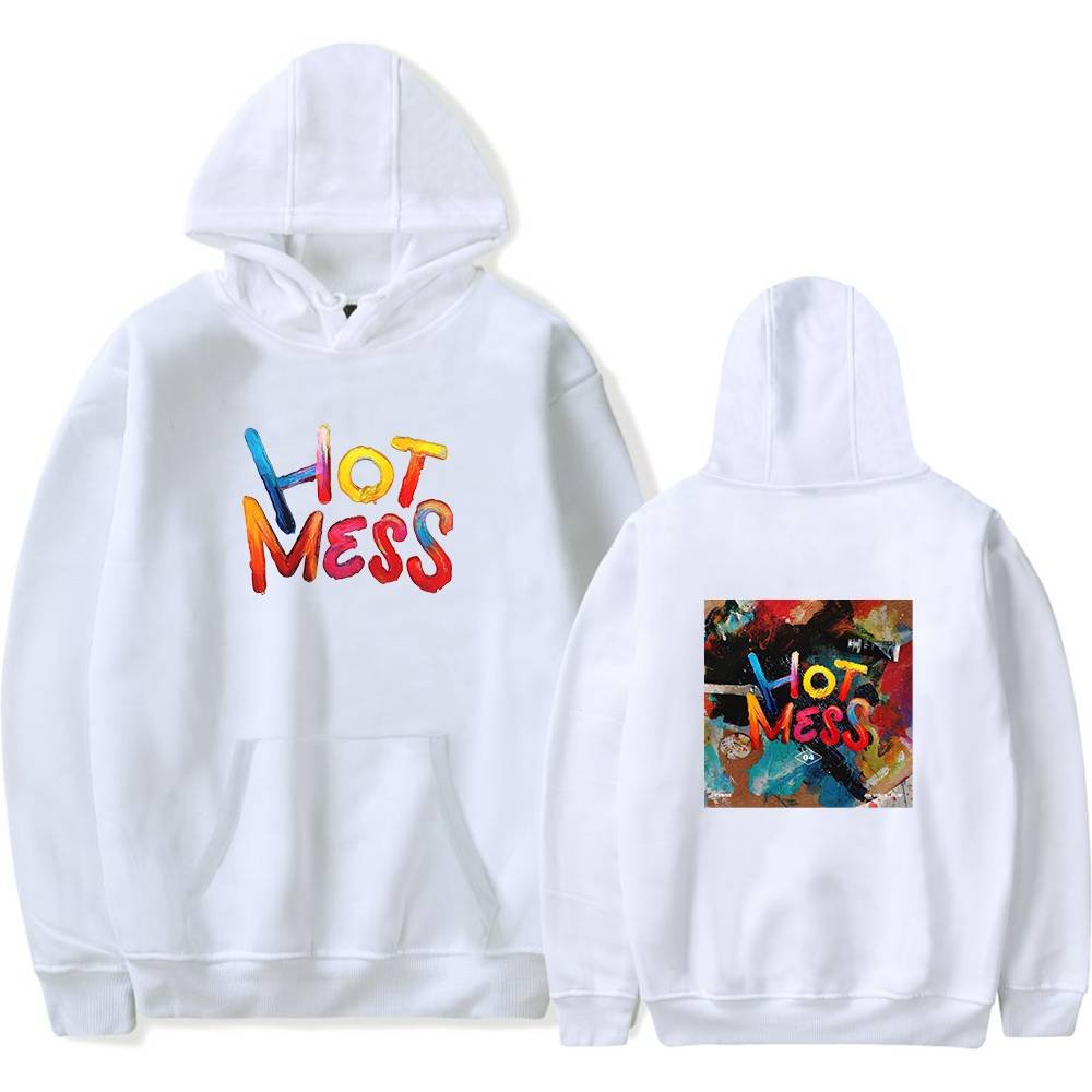 Bright white hoodie with colorful "Hot Mess" graffiti-style print, perfect for K-pop fans and merchandise collectors.