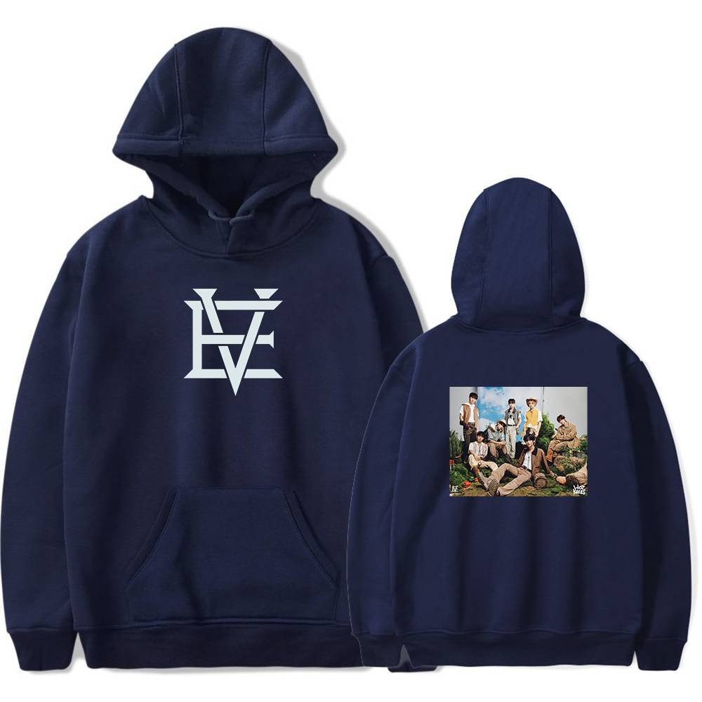 Customized navy blue hoodie with K-pop group logo and group photo on the back. Perfect for K-pop fans to showcase their favorite band.