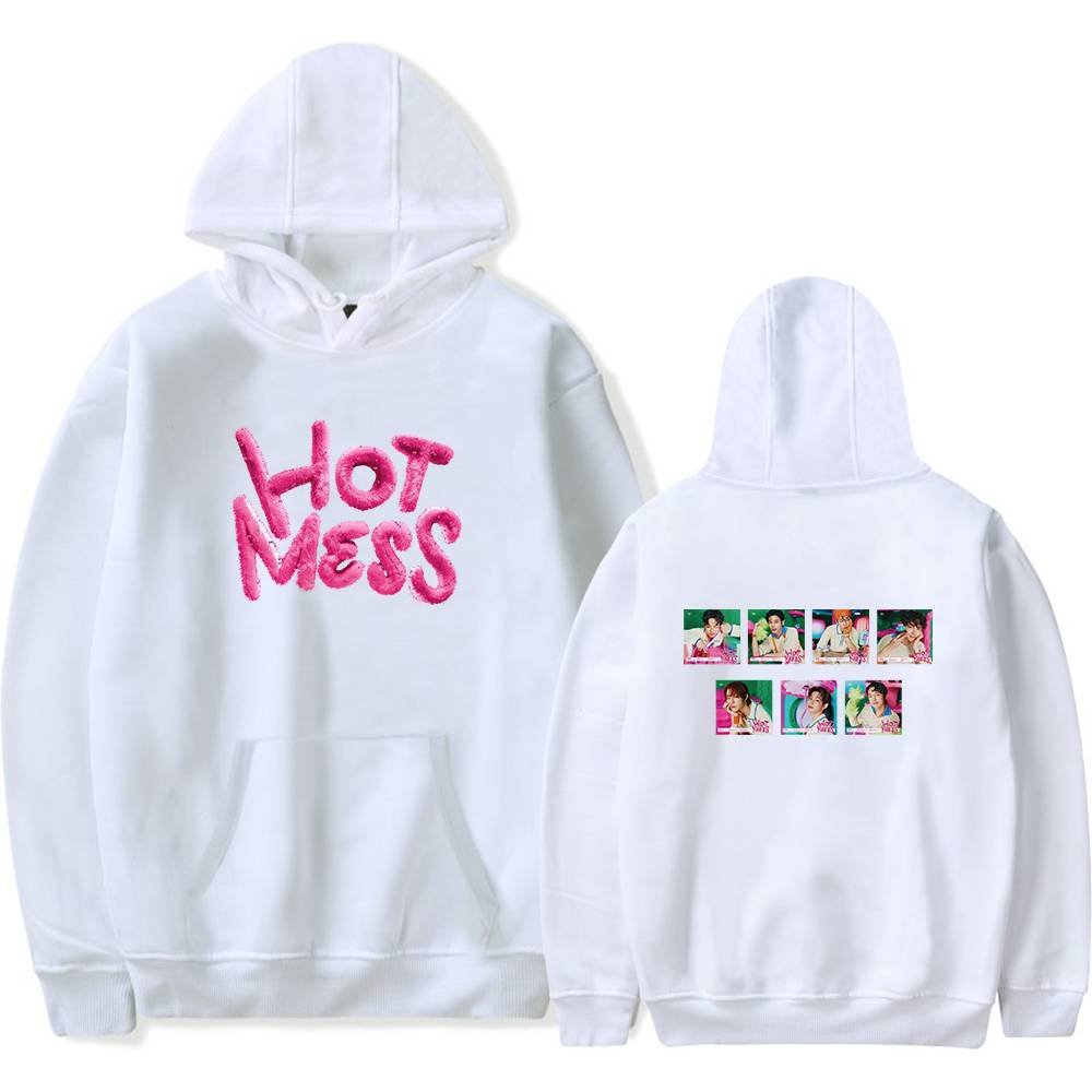 Soft white hoodie with pink embroidered "Hot Mess" text on the front and colorful photo print artwork on the back, perfect for K-pop fans.