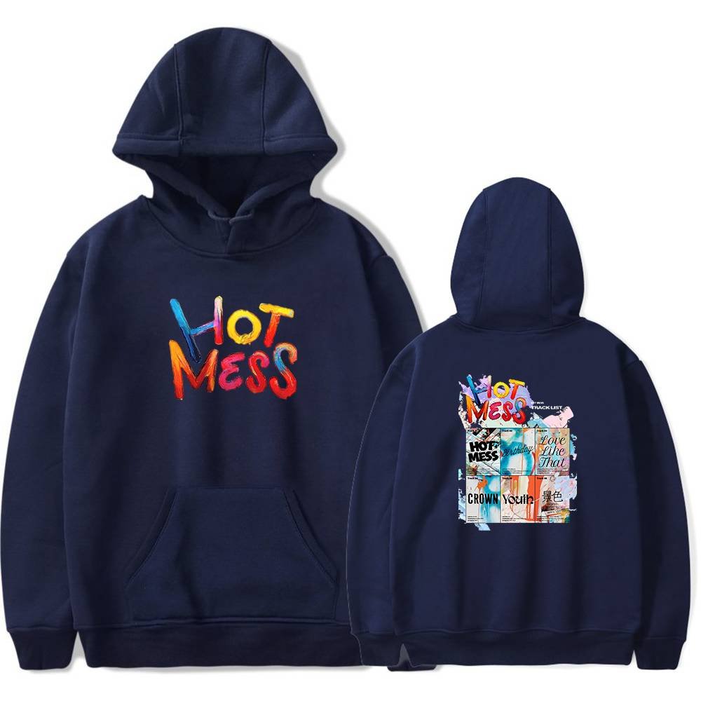 Hot Mess Kpop merch hoodie with colorful text and graphic back design.