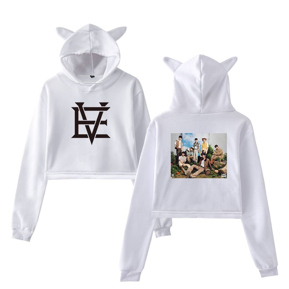 Stylish white K-pop merch hoodie with cat ears, featuring a black logo on the front and a group photo on the back. Perfect for fans of K-pop fashion and accessories.